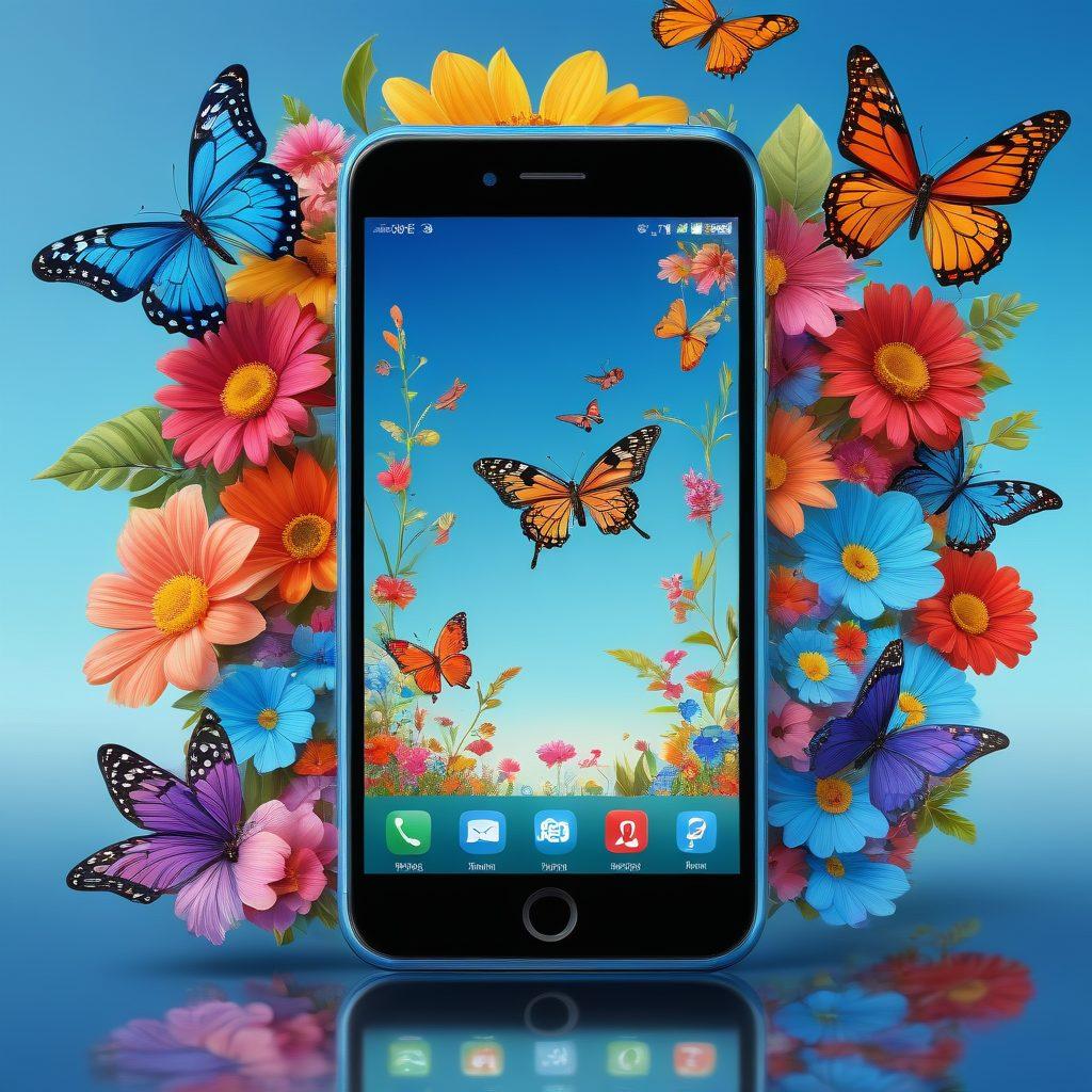 A beautifully designed mobile device adorned with charming, whimsical patterns and bright colors, surrounded by blooming flowers and butterflies, symbolizing freedom and creativity. The background features a clear blue sky, emphasizing a sense of openness and inspiration. The composition should evoke a feeling of joy and personalization in technology. vibrant colors. super-realistic.