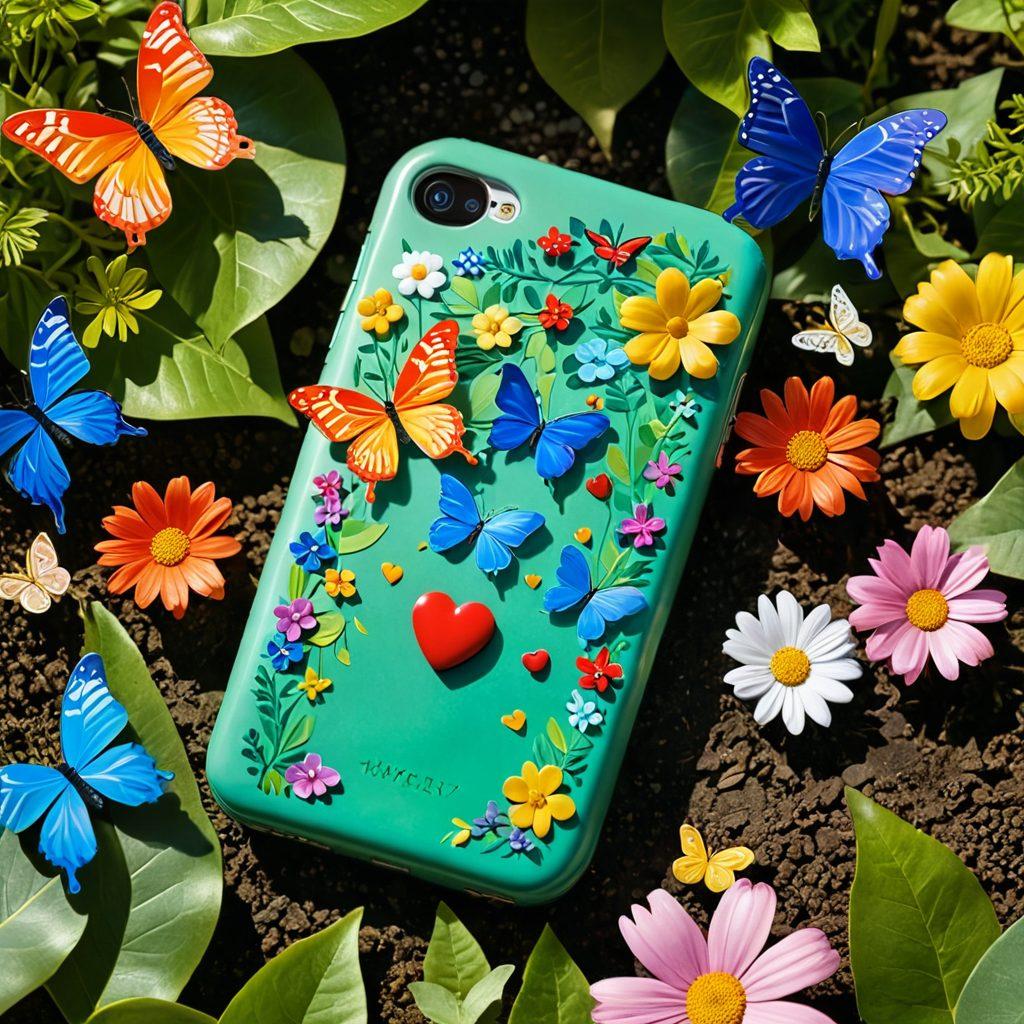 A whimsical scene of a charmingly decorated cell phone, adorned with flowers and colorful charms, set against a backdrop of a serene landscape symbolizing freedom. Soft sunlight filters through the leaves, casting playful shadows, while butterflies flit around, adding a sense of movement and joy. Include elements like a key unlocking a heart-shaped charm in the foreground. vibrant colors. painterly style. dreamy atmosphere.