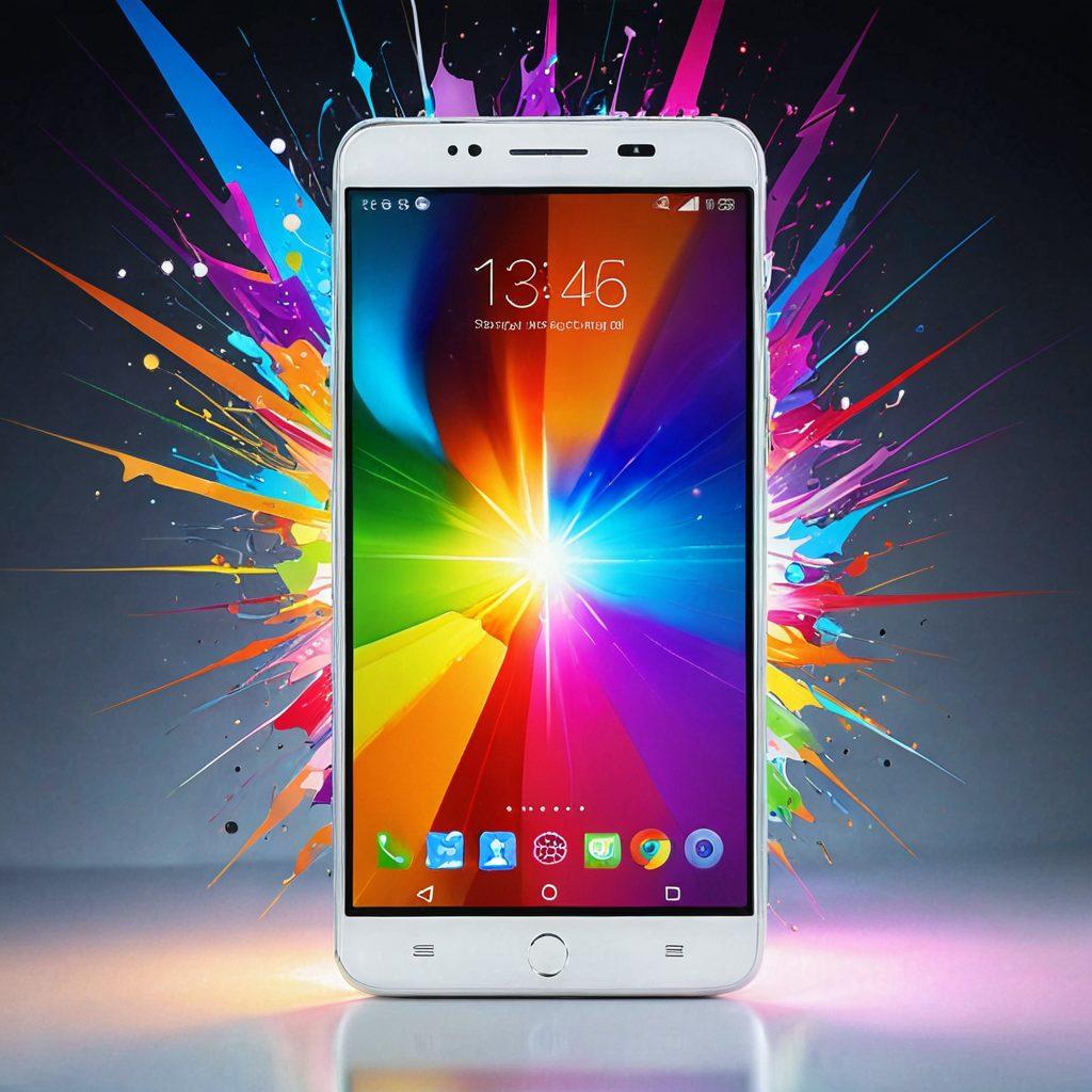 A vibrant smartphone surrounded by visuals of a beautifully unlocked interface, showcasing various applications and features bursting with color. Include abstract representations of creativity and potential, such as light bursts or sparkles around the phone. The background should be electrifying yet soft to enhance the focus on the smartphone. The overall composition should evoke a sense of excitement and possibility. super-realistic. vibrant colors. white background.